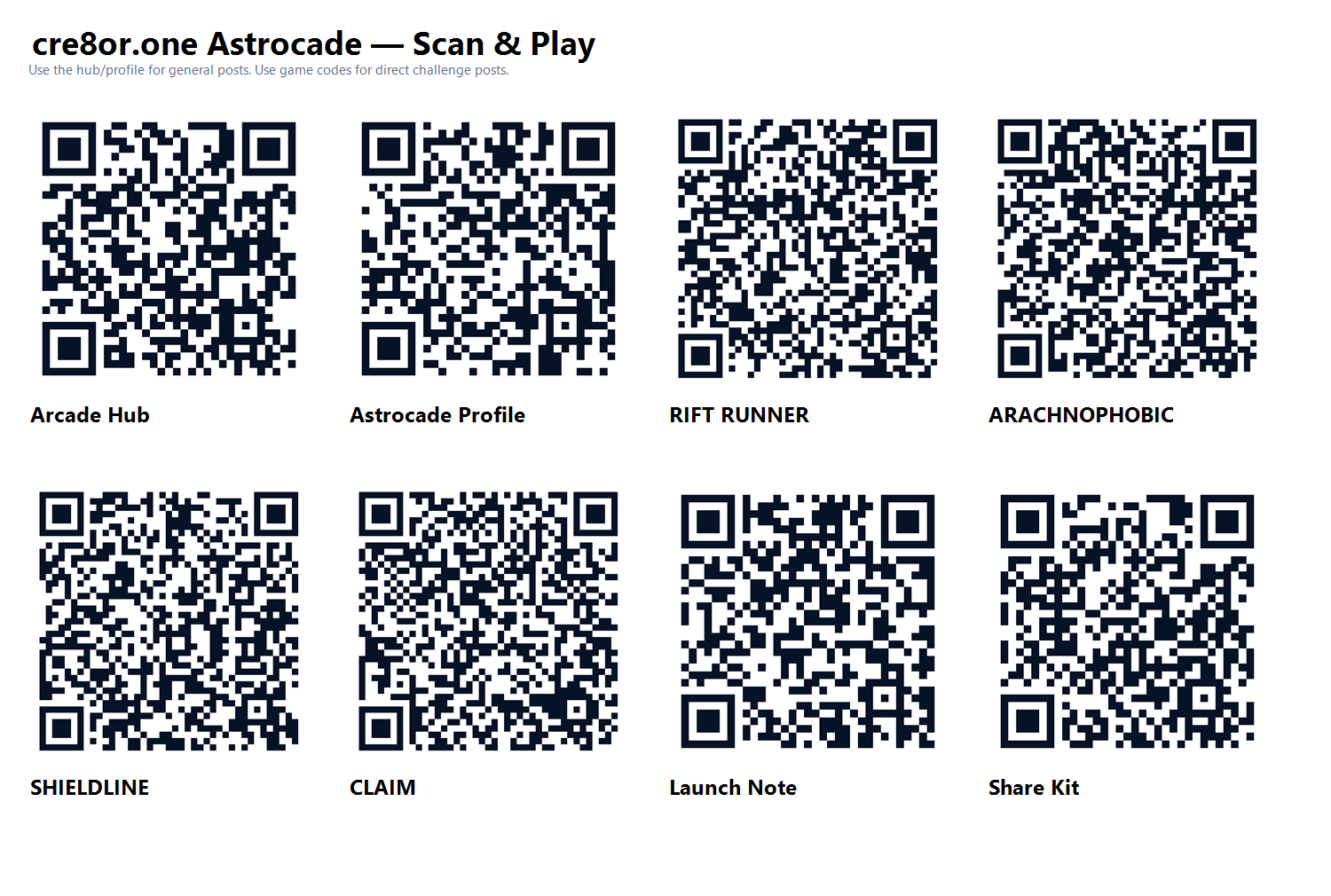 cre8or.one Astrocade QR scan and play sheet